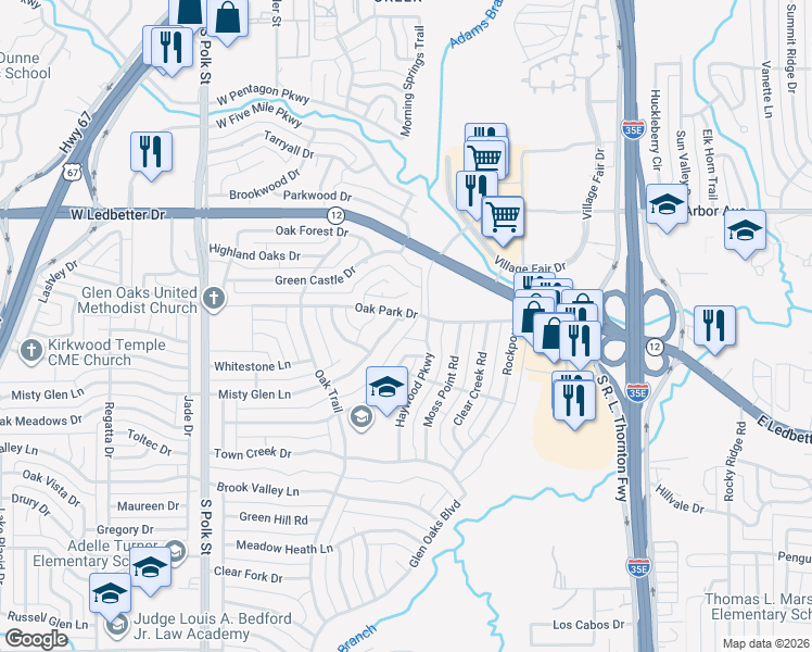 map of restaurants, bars, coffee shops, grocery stores, and more near 609 Oak Park Drive in Dallas
