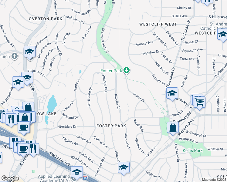 map of restaurants, bars, coffee shops, grocery stores, and more near 4028 Inwood Road in Fort Worth