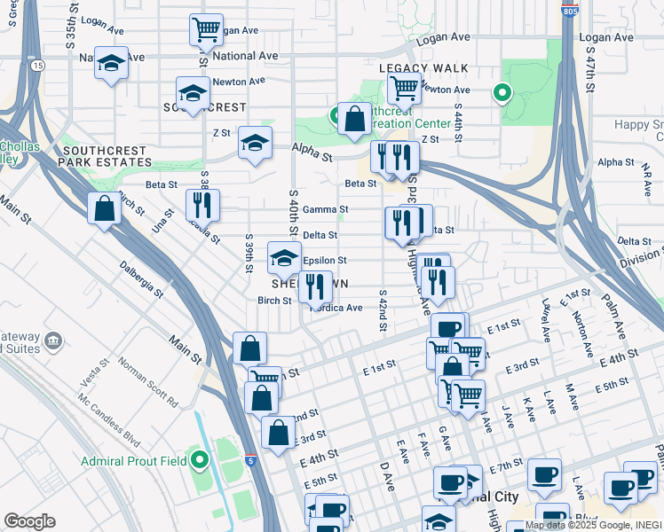 map of restaurants, bars, coffee shops, grocery stores, and more near 4089 Epsilon Street in San Diego