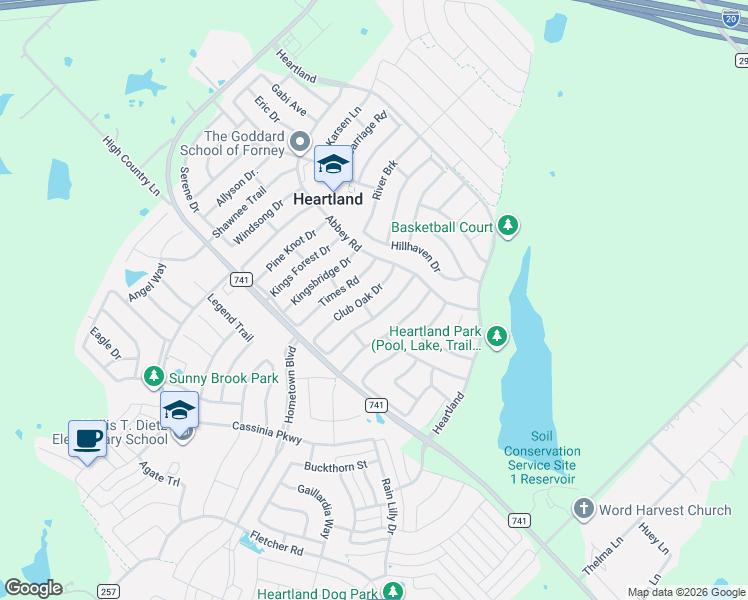 map of restaurants, bars, coffee shops, grocery stores, and more near 2036 Times Road in Forney