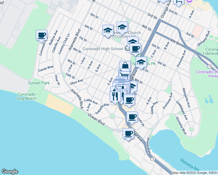 map of restaurants, bars, coffee shops, grocery stores, and more near 929 E Avenue in Coronado