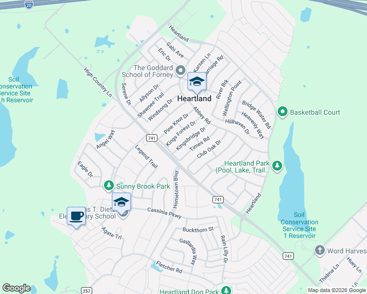 map of restaurants, bars, coffee shops, grocery stores, and more near 2024 Kingsbridge Drive in Forney