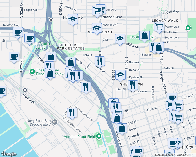 map of restaurants, bars, coffee shops, grocery stores, and more near 3811 Birch Street in San Diego