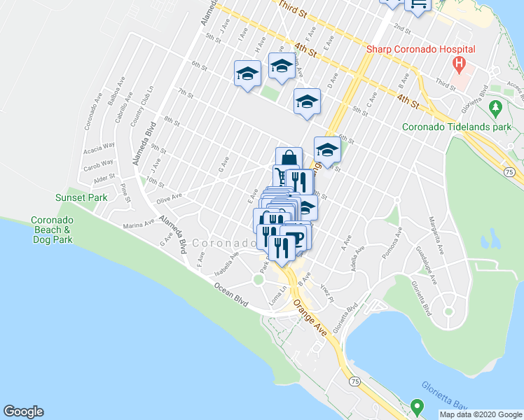 map of restaurants, bars, coffee shops, grocery stores, and more near 920 D Avenue in Coronado