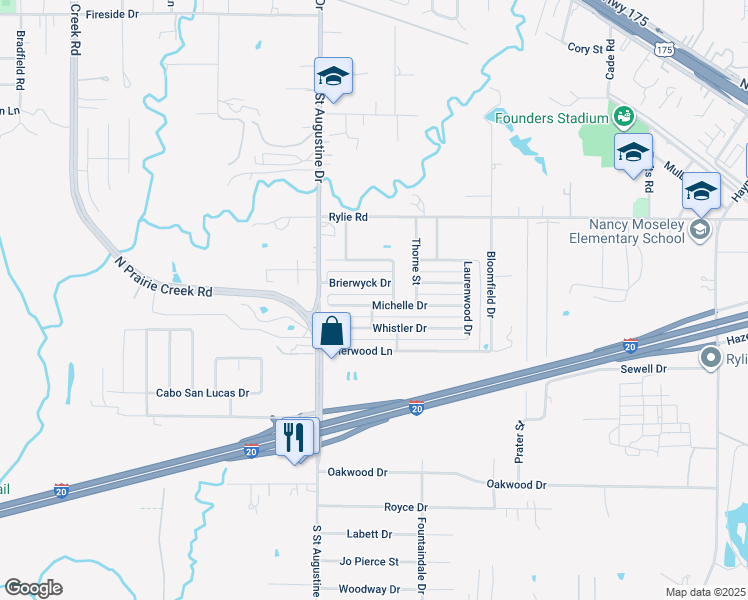 map of restaurants, bars, coffee shops, grocery stores, and more near 9705 Michelle Drive in Dallas