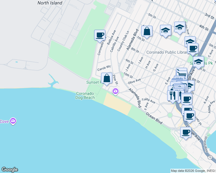 map of restaurants, bars, coffee shops, grocery stores, and more near 201 Ocean Drive in Coronado