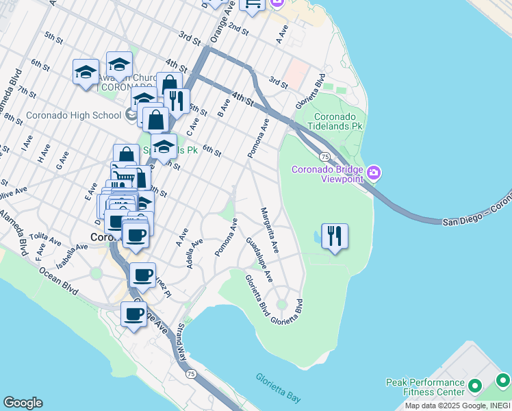 map of restaurants, bars, coffee shops, grocery stores, and more near 646 Margarita Avenue in Coronado