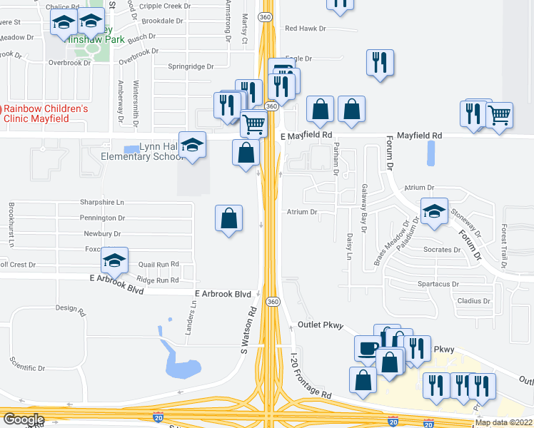 map of restaurants, bars, coffee shops, grocery stores, and more near Highway 360 in Arlington