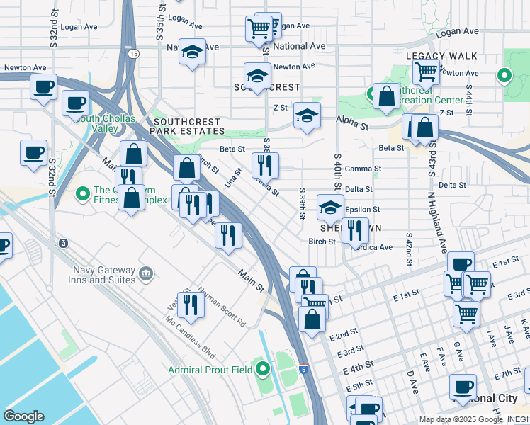 map of restaurants, bars, coffee shops, grocery stores, and more near 3813-15 Birch Street in San Diego
