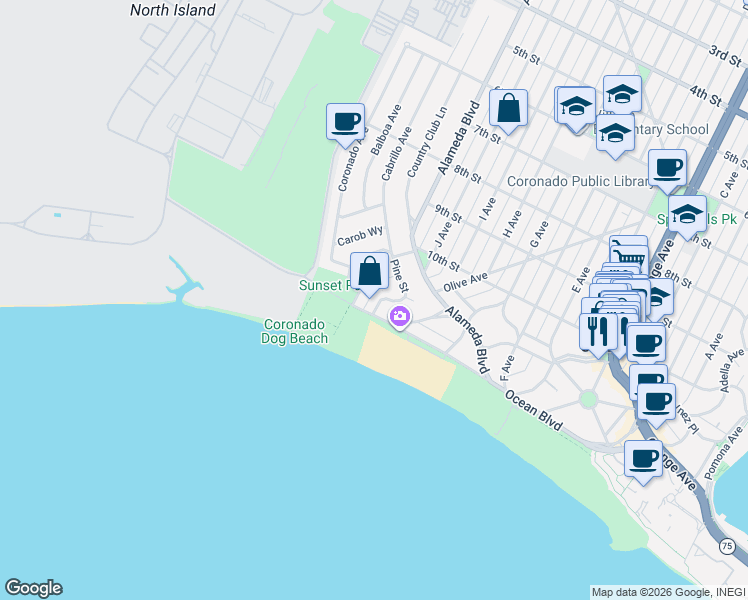 map of restaurants, bars, coffee shops, grocery stores, and more near 201 Ocean Drive in Coronado