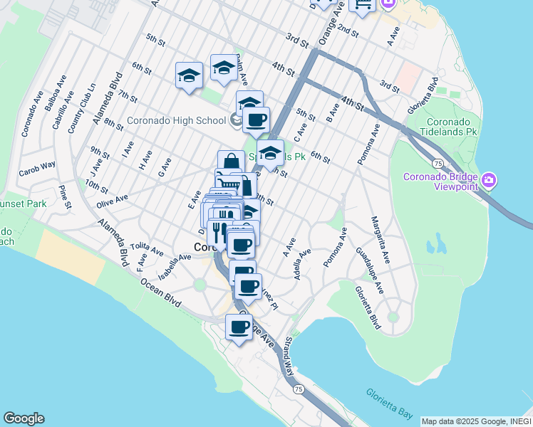 map of restaurants, bars, coffee shops, grocery stores, and more near 801 C Avenue in Coronado
