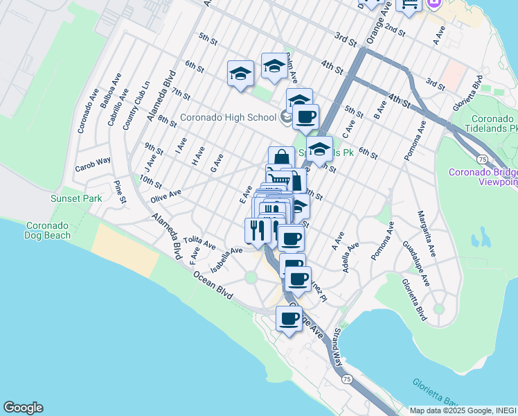 map of restaurants, bars, coffee shops, grocery stores, and more near 845 D Avenue in Coronado