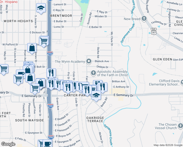 map of restaurants, bars, coffee shops, grocery stores, and more near 1183 Amspoker Avenue in Fort Worth