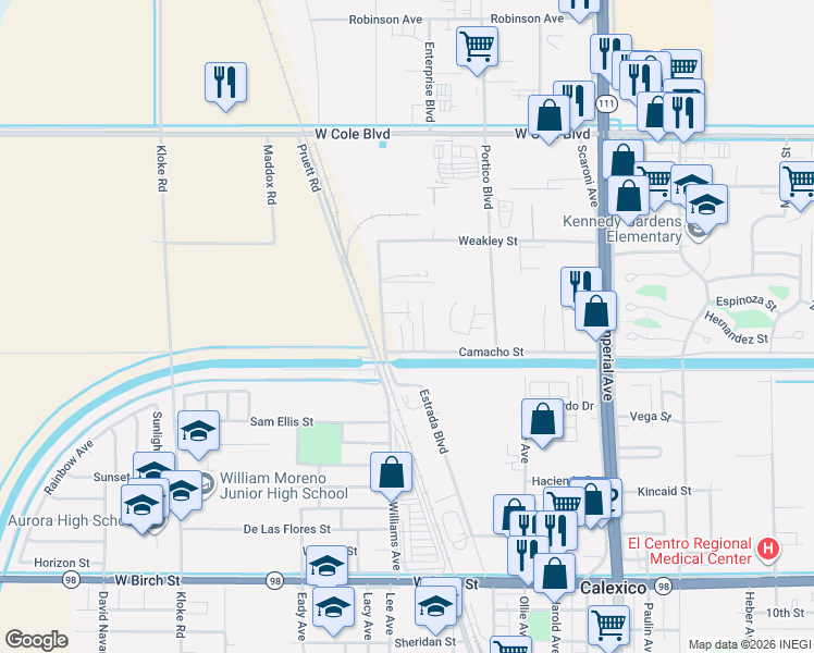 map of restaurants, bars, coffee shops, grocery stores, and more near 302-306 Camacho Street in Calexico