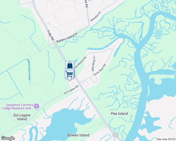 map of restaurants, bars, coffee shops, grocery stores, and more near 1985 Wild Wing Lane in Charleston