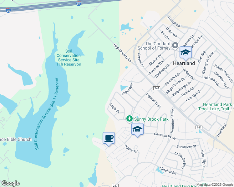 map of restaurants, bars, coffee shops, grocery stores, and more near 4045 Ridgetop Drive in Forney