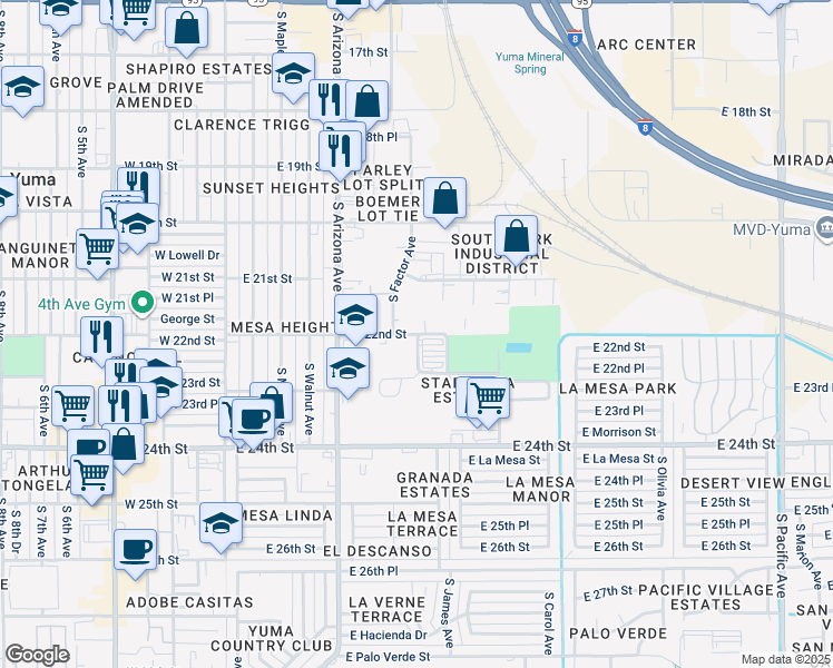 map of restaurants, bars, coffee shops, grocery stores, and more near 840 East 22nd Street in Yuma
