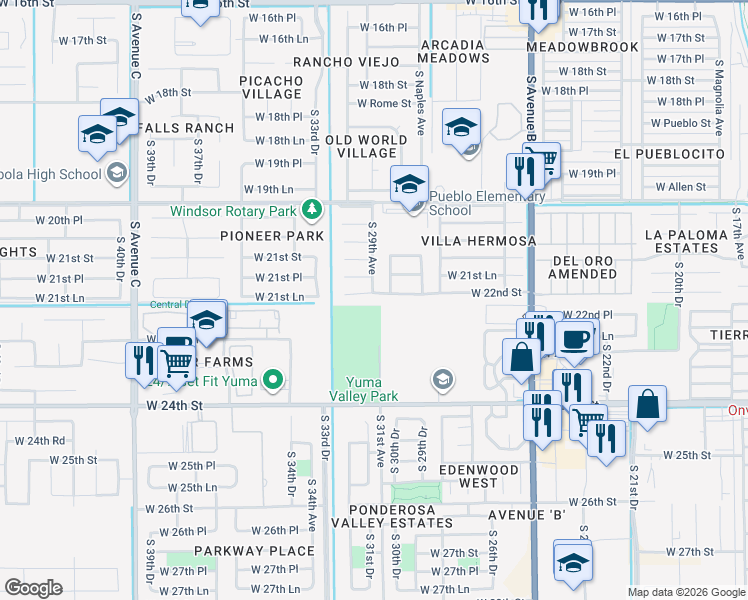 map of restaurants, bars, coffee shops, grocery stores, and more near 2916 West 22nd Street in Yuma