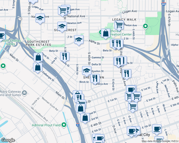 map of restaurants, bars, coffee shops, grocery stores, and more near S 40th St & Epsilon St in San Diego