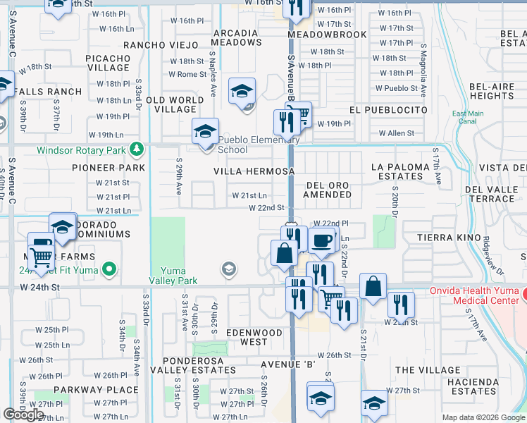 map of restaurants, bars, coffee shops, grocery stores, and more near 2584 West 22nd Street in Yuma