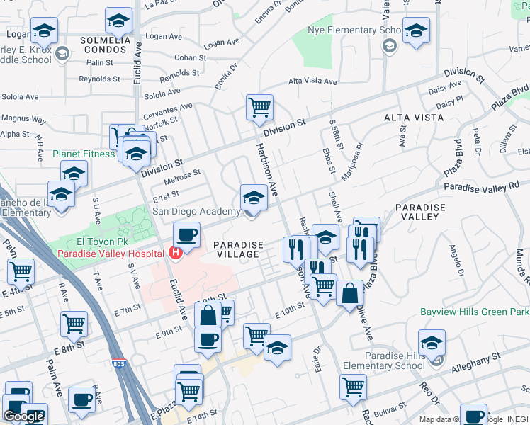 map of restaurants, bars, coffee shops, grocery stores, and more near 2933 East 4th Street in National City