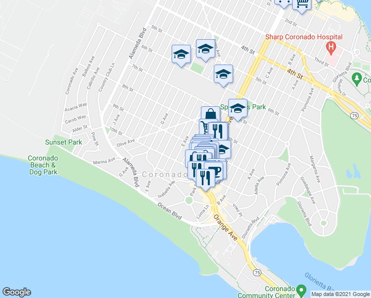 map of restaurants, bars, coffee shops, grocery stores, and more near 918 E Avenue in Coronado