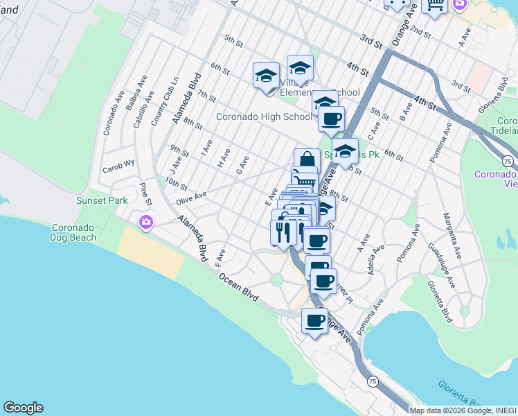 map of restaurants, bars, coffee shops, grocery stores, and more near 918 E Avenue in Coronado