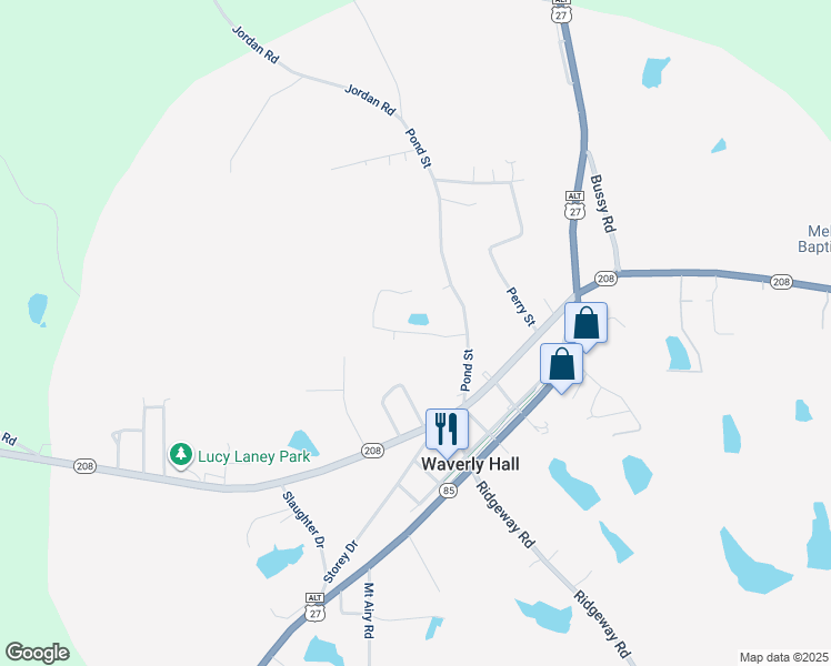 map of restaurants, bars, coffee shops, grocery stores, and more near 7726 Georgia 208 in Waverly Hall
