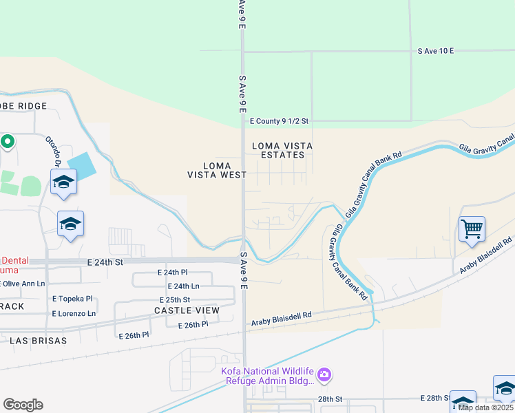 map of restaurants, bars, coffee shops, grocery stores, and more near 9238 East 22nd Lane in Yuma