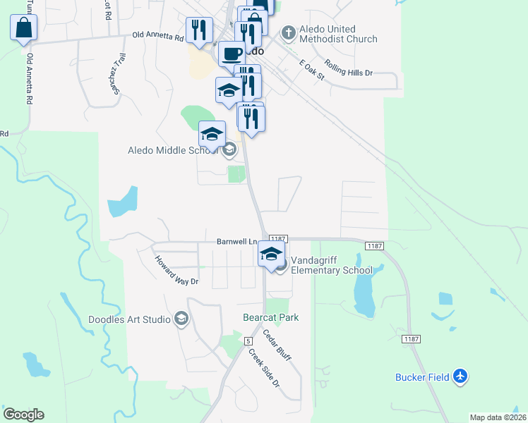 map of restaurants, bars, coffee shops, grocery stores, and more near 532 Farm to Market 1187 in Aledo