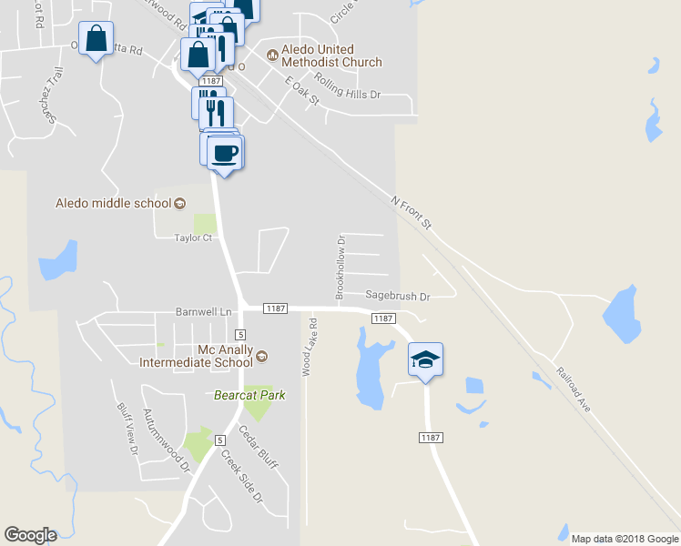 map of restaurants, bars, coffee shops, grocery stores, and more near Brookhollow Drive in Aledo
