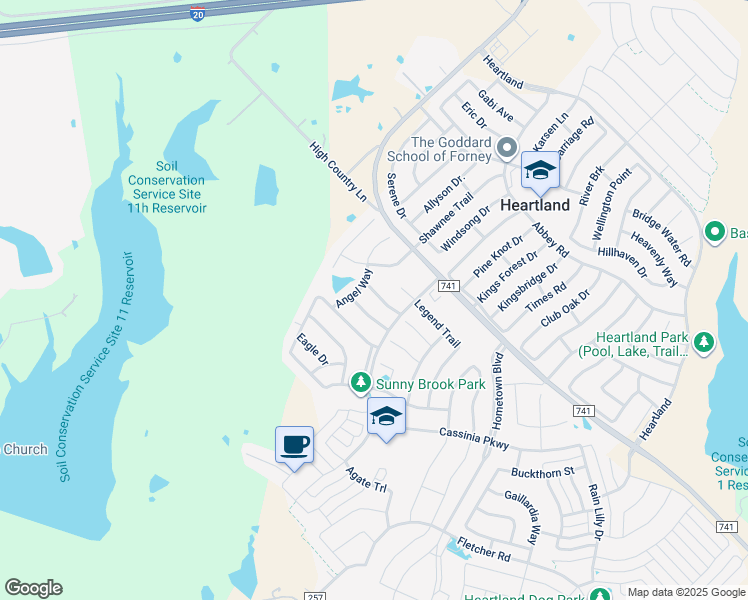 map of restaurants, bars, coffee shops, grocery stores, and more near 4017 Freedom Street in Forney