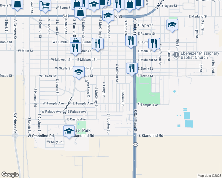 map of restaurants, bars, coffee shops, grocery stores, and more near 1210 South Houston Street in Hobbs