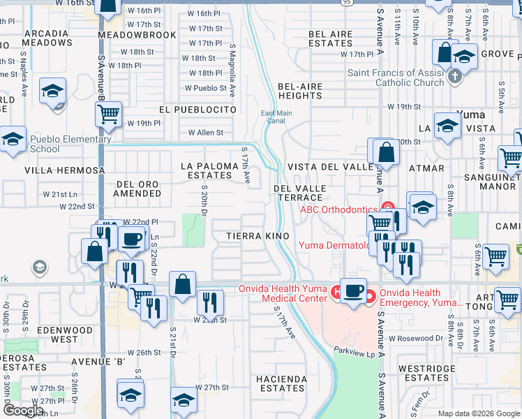map of restaurants, bars, coffee shops, grocery stores, and more near 1712 West Camino Pradera in Yuma