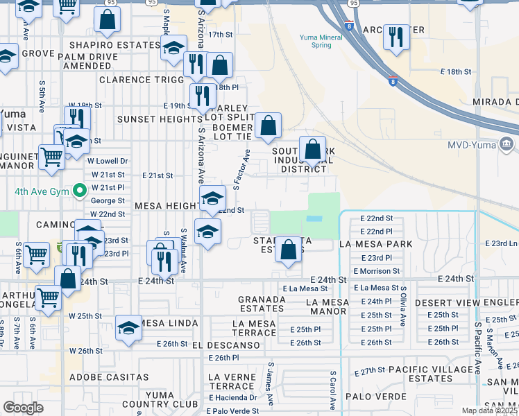 map of restaurants, bars, coffee shops, grocery stores, and more near 840 East 22nd Street in Yuma