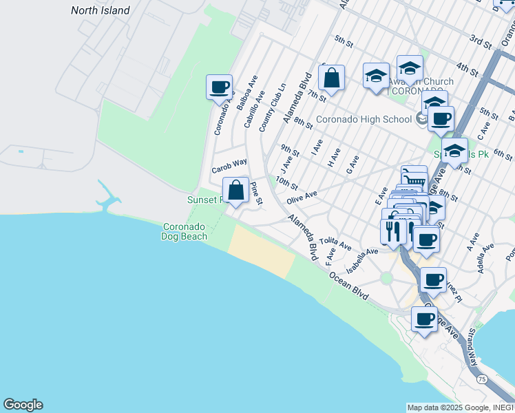 map of restaurants, bars, coffee shops, grocery stores, and more near 1100 Pine Street in Coronado