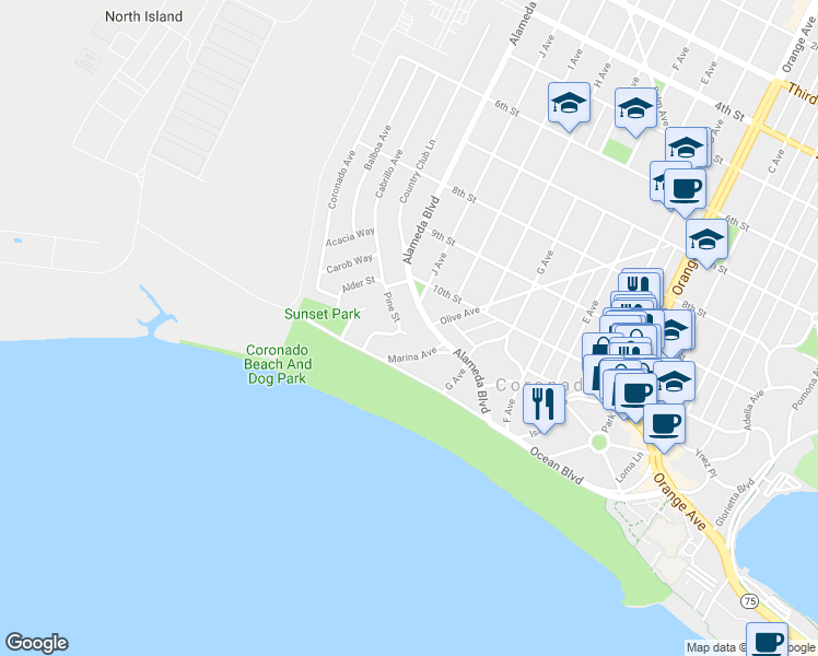 map of restaurants, bars, coffee shops, grocery stores, and more near 1 Pine Court in Coronado