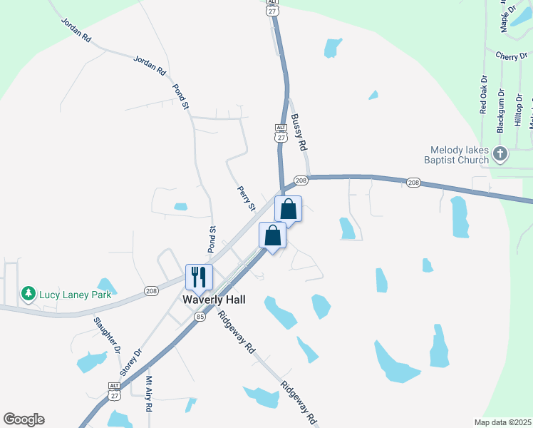 map of restaurants, bars, coffee shops, grocery stores, and more near 7726 Georgia 208 in Waverly Hall
