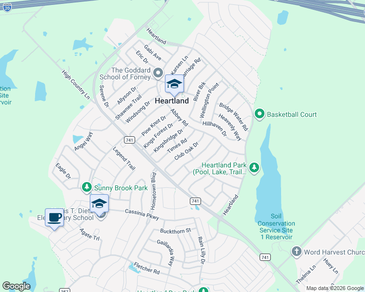 map of restaurants, bars, coffee shops, grocery stores, and more near 2036 Times Road in Forney