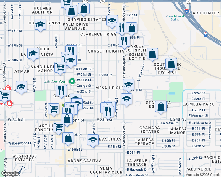 map of restaurants, bars, coffee shops, grocery stores, and more near 2175 South Maple Avenue in Yuma