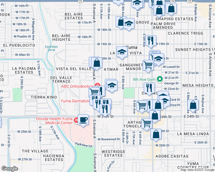 map of restaurants, bars, coffee shops, grocery stores, and more near 2182 South 10th Avenue in Yuma