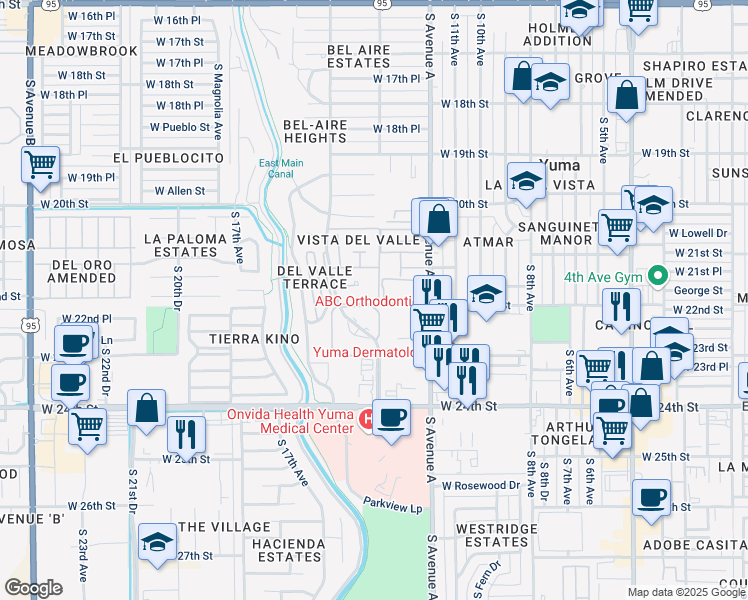 map of restaurants, bars, coffee shops, grocery stores, and more near Unnamed Road in Yuma