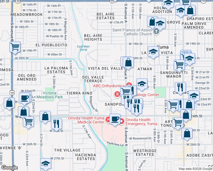 map of restaurants, bars, coffee shops, grocery stores, and more near Unnamed Road in Yuma