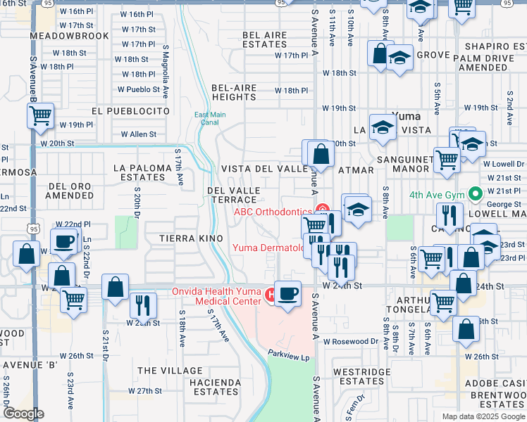 map of restaurants, bars, coffee shops, grocery stores, and more near Unnamed Road in Yuma