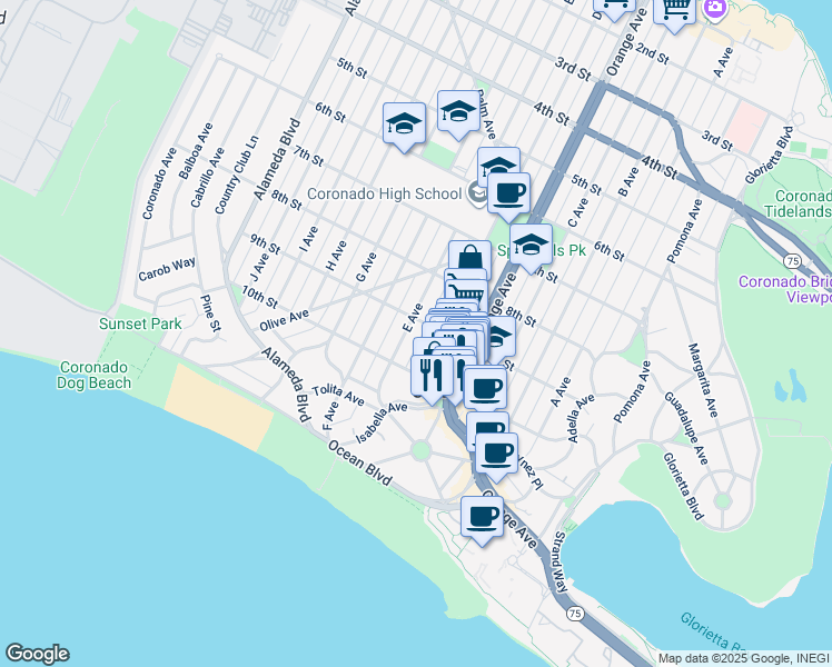 map of restaurants, bars, coffee shops, grocery stores, and more near 918 E Avenue in Coronado
