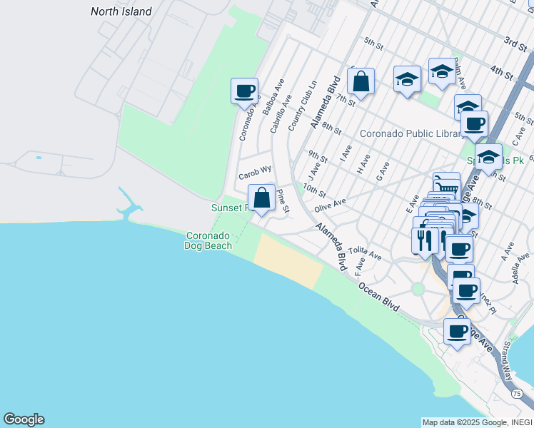 map of restaurants, bars, coffee shops, grocery stores, and more near 201 Ocean Drive in Coronado