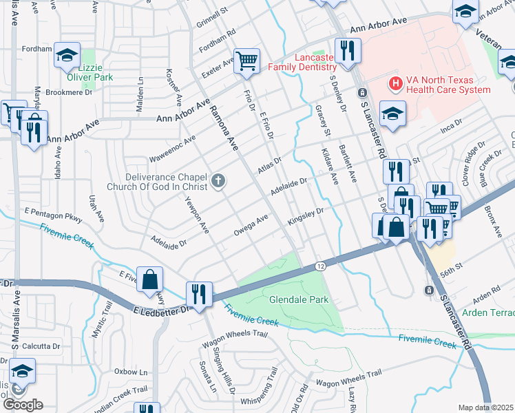 map of restaurants, bars, coffee shops, grocery stores, and more near 1538 Adelaide Drive in Dallas