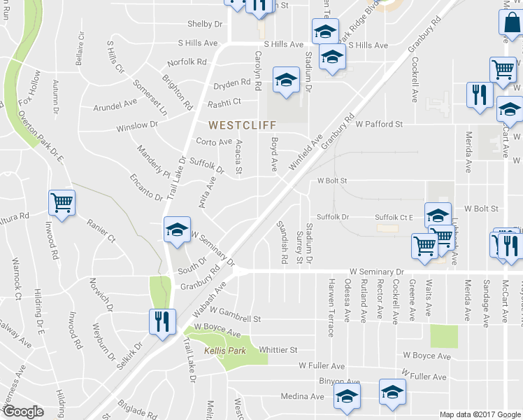 map of restaurants, bars, coffee shops, grocery stores, and more near 4165 Carolyn Road in Fort Worth