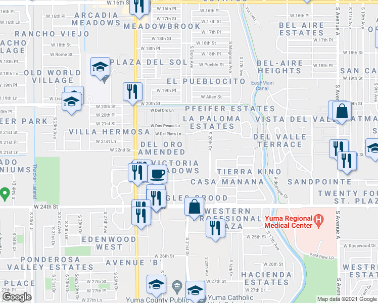 map of restaurants, bars, coffee shops, grocery stores, and more near 2191 South Whitewing Avenue in Yuma