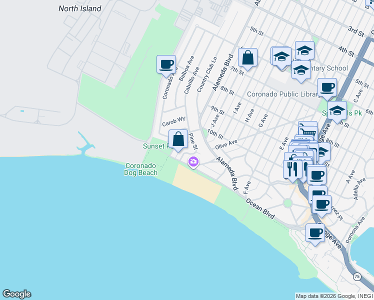 map of restaurants, bars, coffee shops, grocery stores, and more near 1060 Pine Street in Coronado